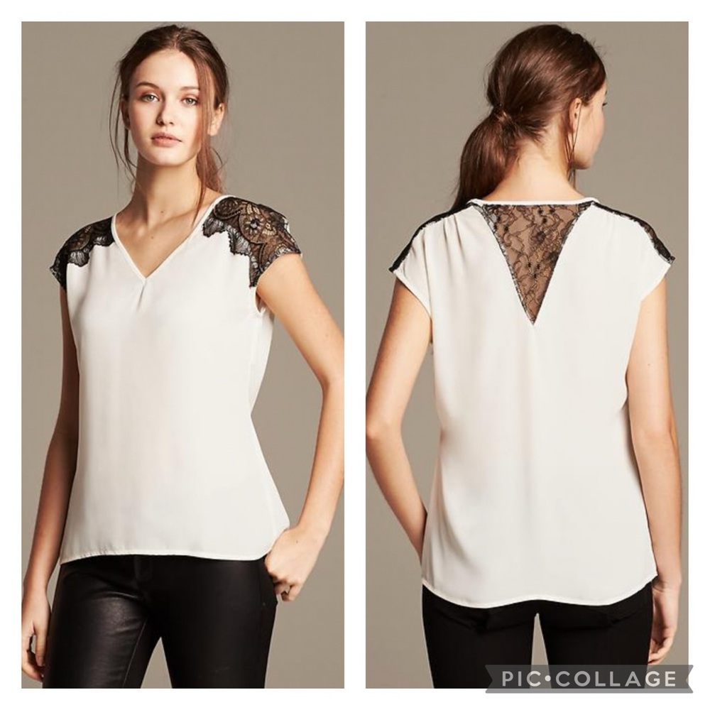 NWT Banana Republic Lace Trim V Neck Top In Cocoon